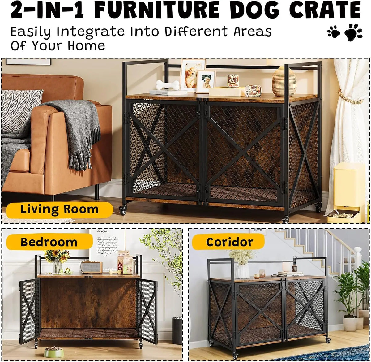 Heavy Duty Dog Kennels Metal Wooden Wheels and Double Doors for Dog Cat Rabbit for Indoor Living Room
