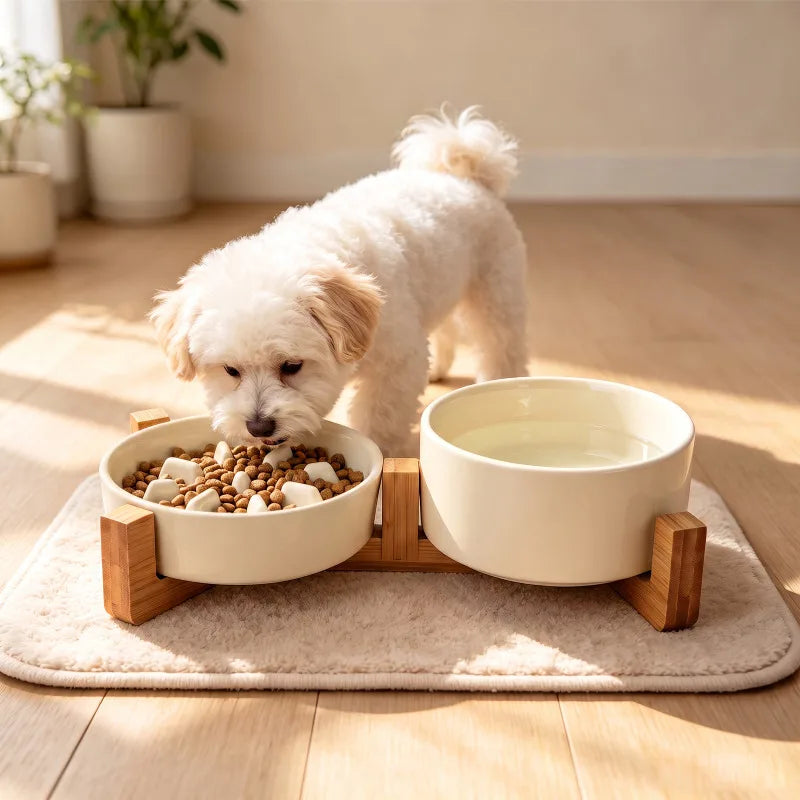 Ceramic Dog Bowls with Wooden Stand for Small To Medium Sized Dogs,