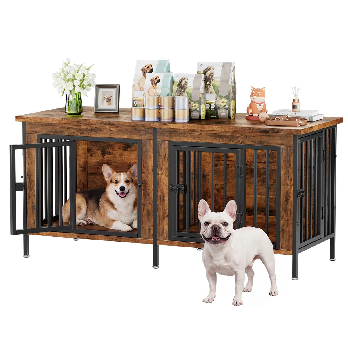 54 Inch Double Door Wooden Dog Cage with Divider for Indoor Outdoor