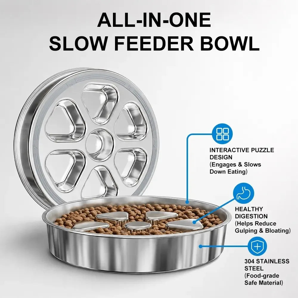 Stainless Steel Slow Feeder Dog Bowl - 2.5-Cup Non-Slip for Medium-Large Dogs, Aids Healthy Digestion,