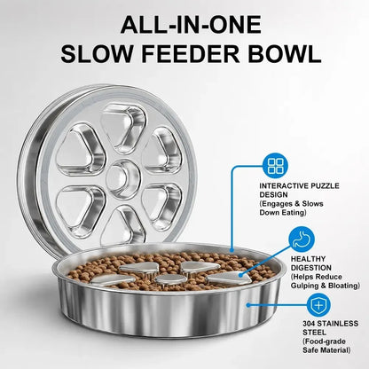 Stainless Steel Slow Feeder Dog Bowl - 2.5-Cup Non-Slip for Medium-Large Dogs, Aids Healthy Digestion,