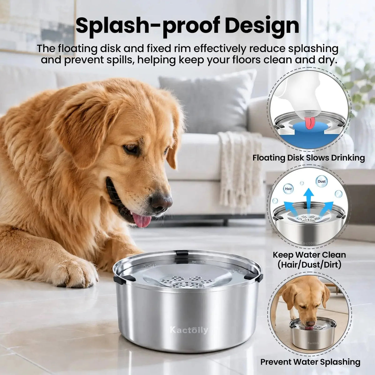 Dog Water Bowl, No-Spill & Splash-Proof  for Medium & Large Dogs