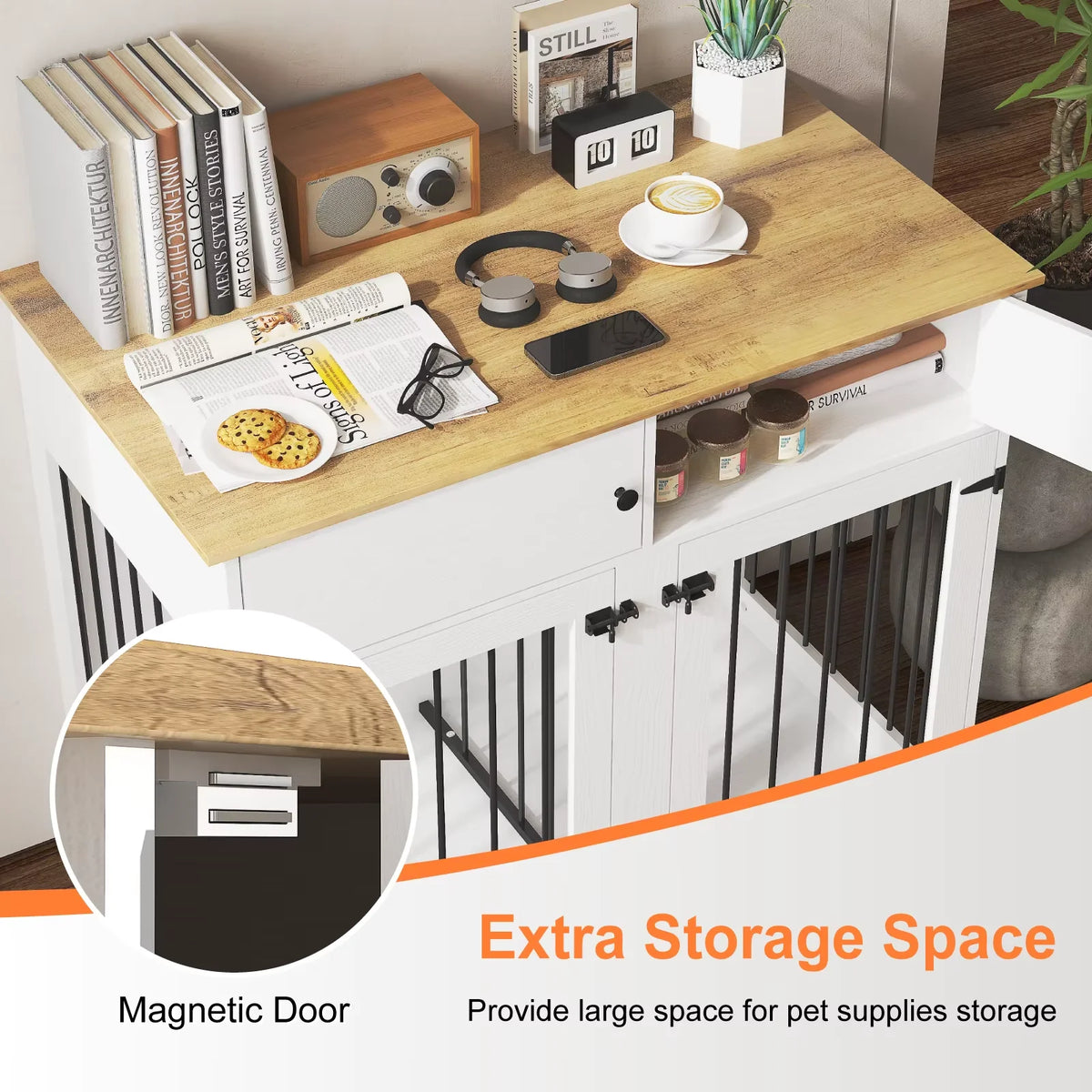 Large Indoor Dog Kennel, with Storage Drawers & Removable Divider for Medium/Large Dogs & Two Dogs,