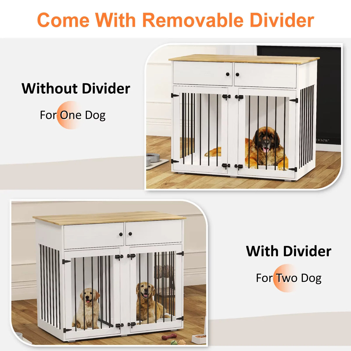 Large Indoor Dog Kennel, with Storage Drawers & Removable Divider for Medium/Large Dogs & Two Dogs,