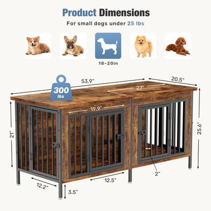 54 Inch Double Door Wooden Dog Cage with Divider  for Indoor Outdoor