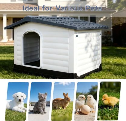 Waterproof 2-Door Dog House, Grey – Fold-Out Porch, Outdoor Use, Small & Medium Dogs, Easy Assembly