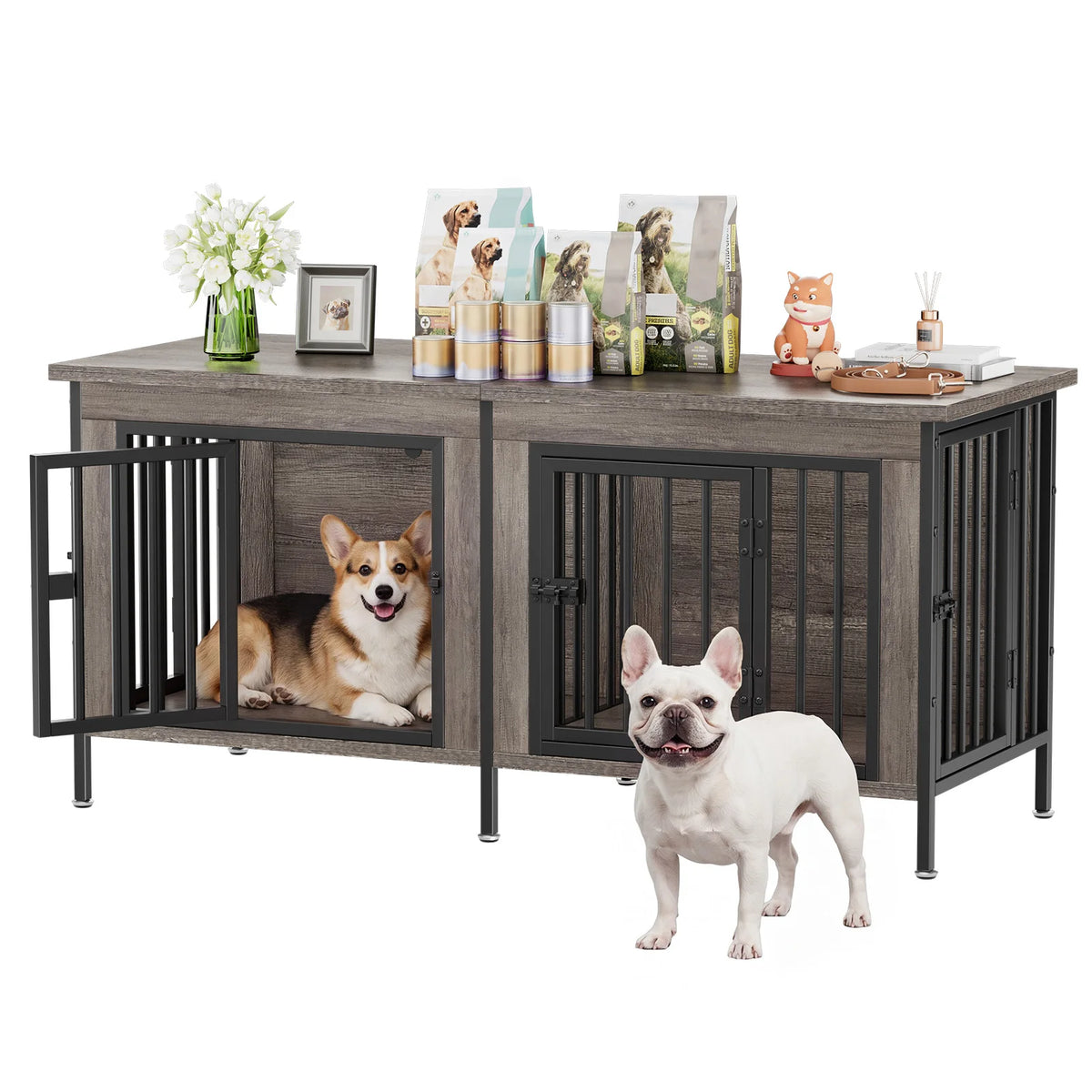 54 Inch Double Door Wooden Dog Cage with Divider  for Indoor Outdoor