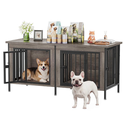54 Inch Double Door Wooden Dog Cage with Divider  for Indoor Outdoor