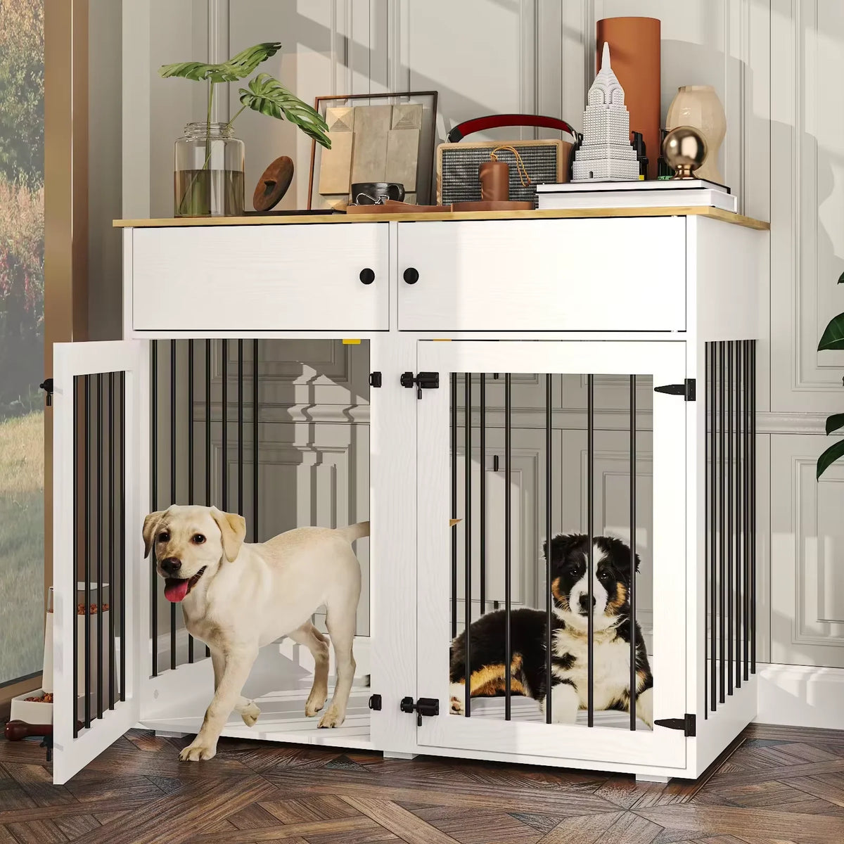 Large Indoor Dog Kennel, with Storage Drawers & Removable Divider for Medium/Large Dogs & Two Dogs,
