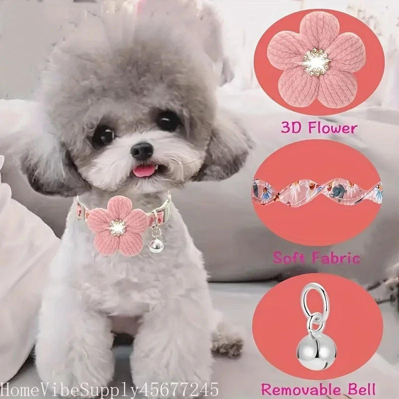 Floral Pet Collar for Small Dogs & Cats, Soft Adjustable Flower Charm and Detachable Bell,