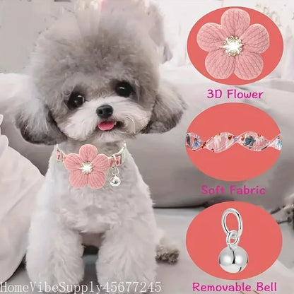 Floral Pet Collar for Small Dogs & Cats, Soft Adjustable Flower Charm and Detachable Bell,