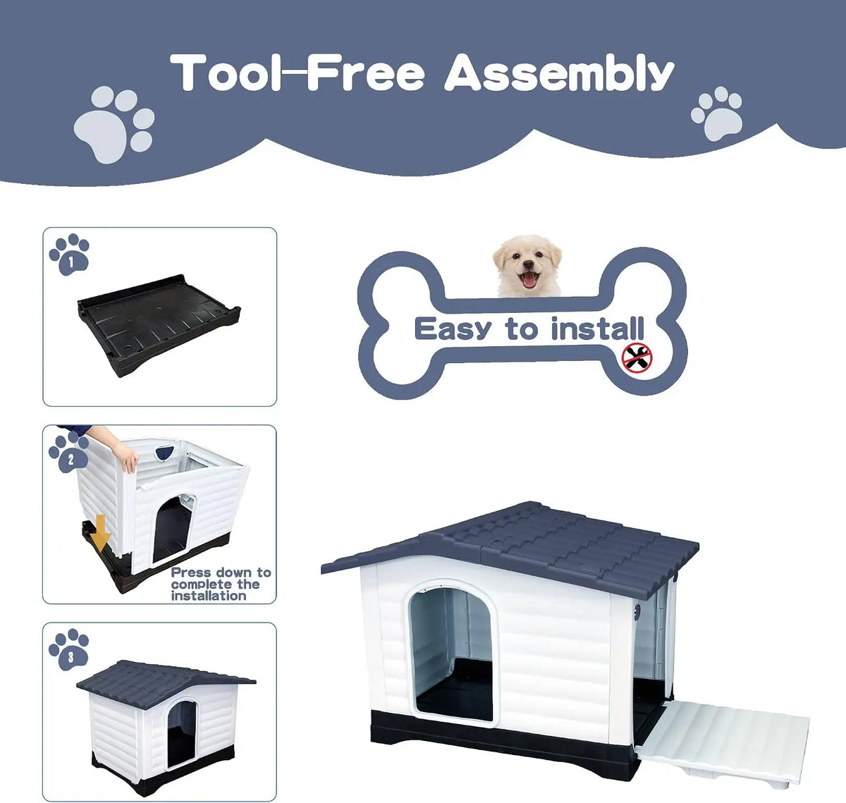 Waterproof 2-Door Dog House, Grey – Fold-Out Porch, Outdoor Use, Small & Medium Dogs, Easy Assembly