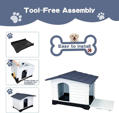 Waterproof 2-Door Dog House, Grey – Fold-Out Porch, Outdoor Use, Small & Medium Dogs, Easy Assembly