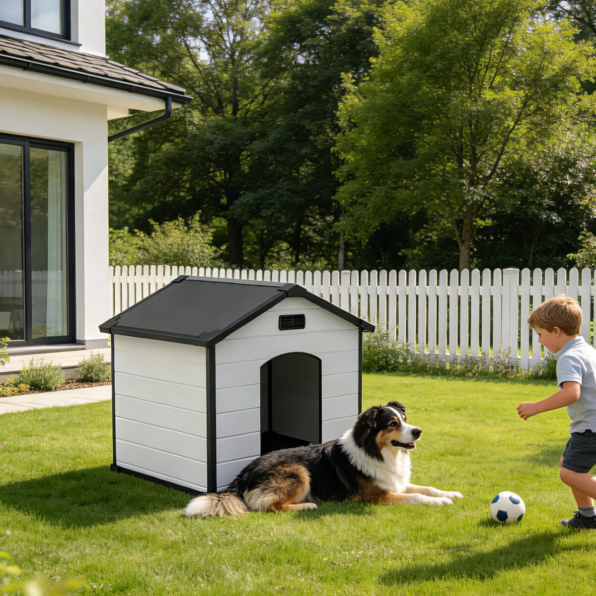 Large Waterproof Dog House for Indoor & Outdoor Use  with Removable Roof, Elevated Floor Air Vents – 57L x 47W x 50H