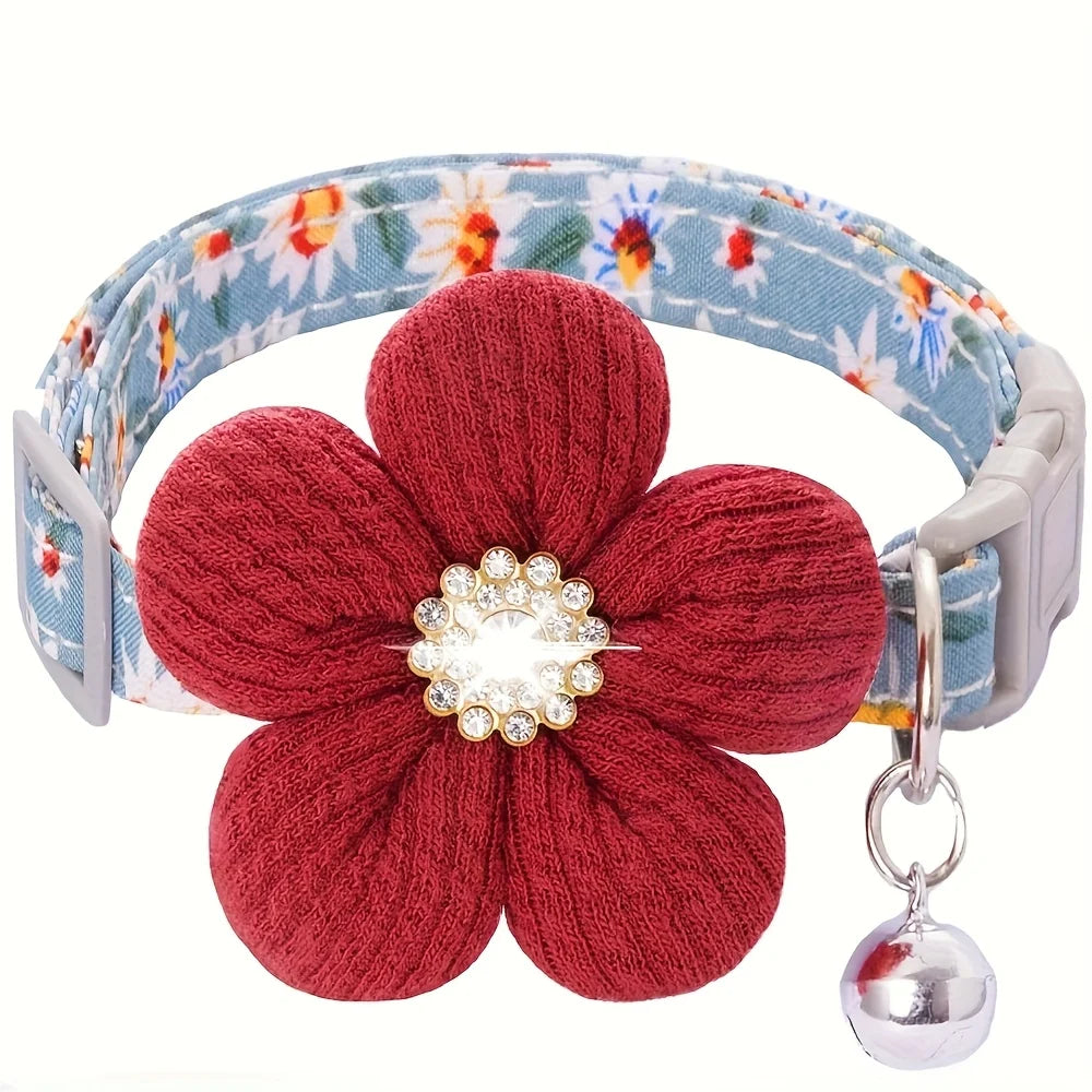 Floral Pet Collar for Small Dogs & Cats, Soft Adjustable Flower Charm and Detachable Bell,