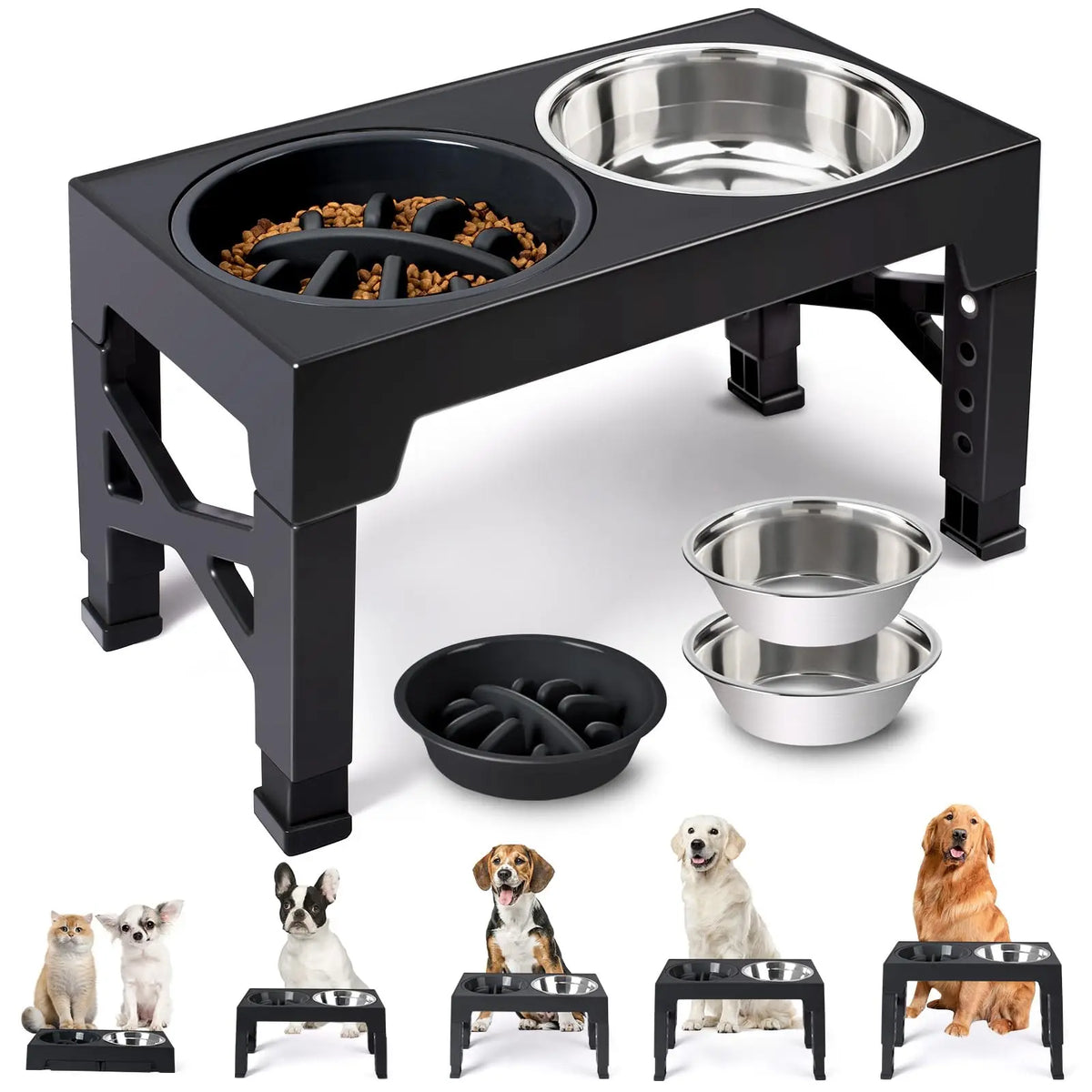 Adjustable Elevated Dog Feeder Stainless Steel Food Water Bowls,  for Small Medium Large Dogs