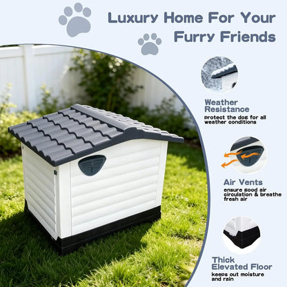 Waterproof 2-Door Dog House, Grey – Fold-Out Porch, Outdoor Use, Small & Medium Dogs, Easy Assembly