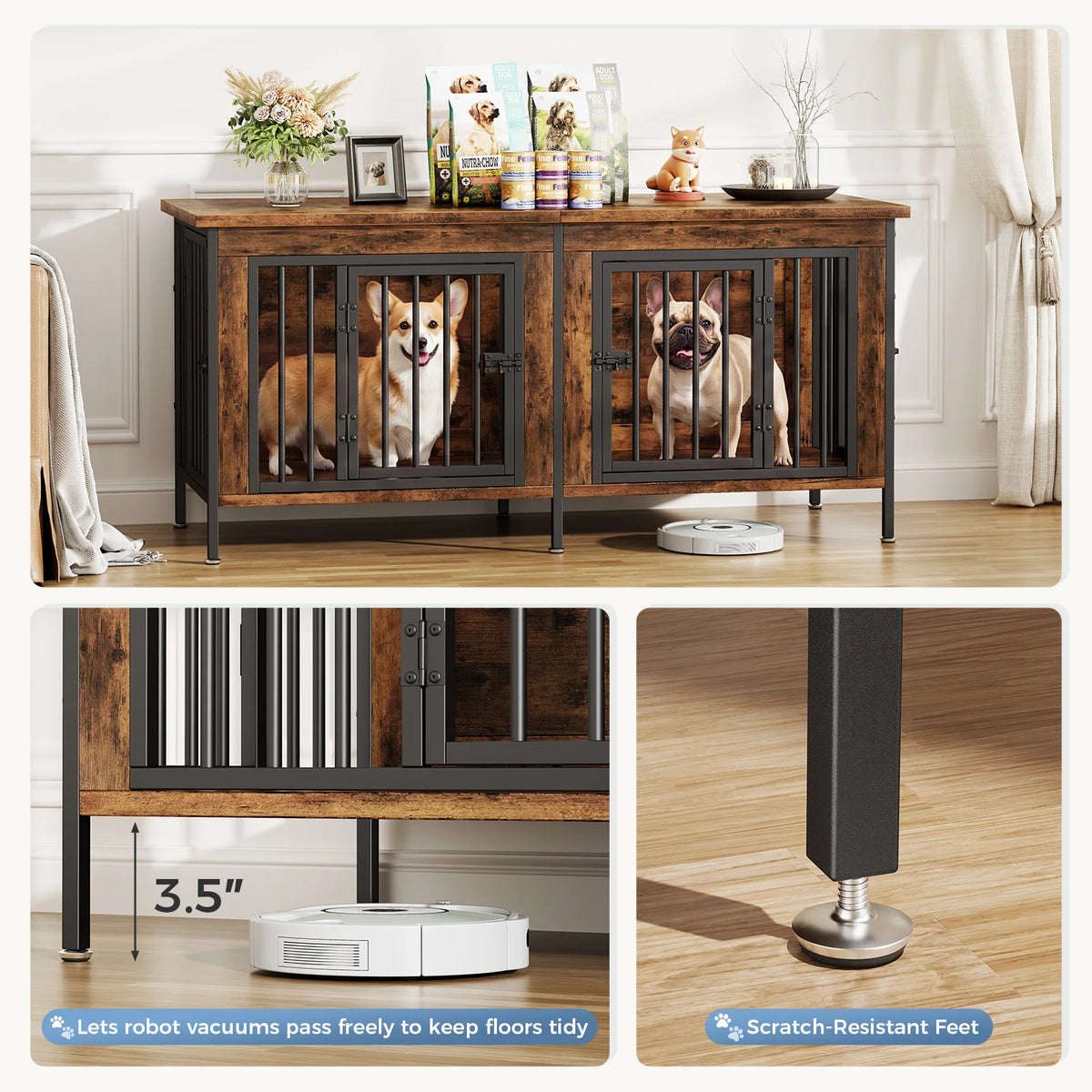 54 Inch Double Door Wooden Dog Cage with Divider  for Indoor Outdoor