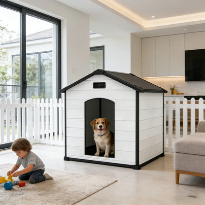 Large Waterproof Dog House for Indoor & Outdoor Use  with Removable Roof, Elevated Floor Air Vents – 57L x 47W x 50H