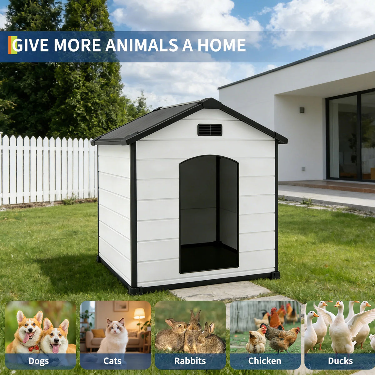 Large Waterproof Dog House for Indoor & Outdoor Use  with Removable Roof, Elevated Floor Air Vents – 57L x 47W x 50H