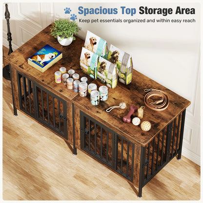 54 Inch Double Door Wooden Dog Cage with Divider  for Indoor Outdoor