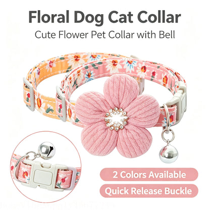Floral Pet Collar for Small Dogs & Cats, Soft Adjustable Flower Charm and Detachable Bell,