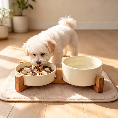 Ceramic Dog Bowls with Wooden Stand for Small To Medium Sized Dogs,