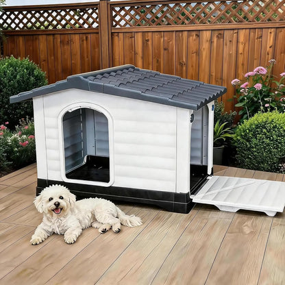 Waterproof 2-Door Dog House, Grey – Fold-Out Porch, Outdoor Use, Small & Medium Dogs, Easy Assembly