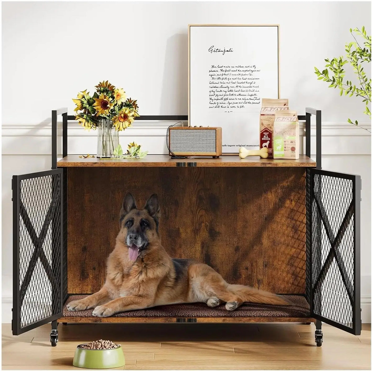 Heavy Duty Dog Kennels Metal Wooden Wheels and Double Doors  for Dog Cat Rabbit for Indoor Living Room