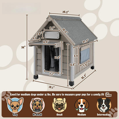 Wooden Outdoor Dog House for Small Dogs Ventilation Window, Raised Floor & Custom Nameplate