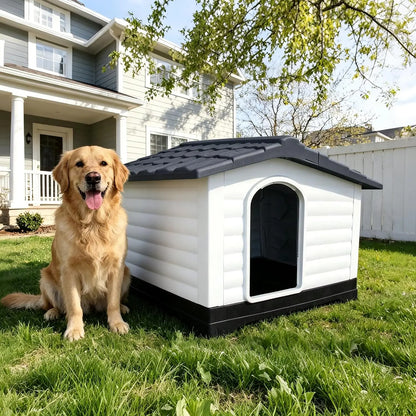 Waterproof 2-Door Dog House, Grey – Fold-Out Porch, Outdoor Use, Small & Medium Dogs, Easy Assembly