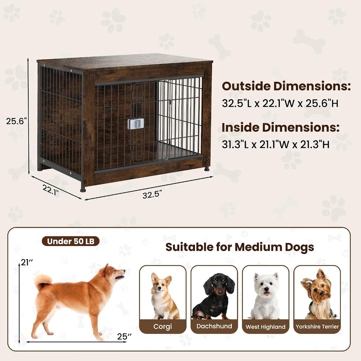 Wooden Dog Crate Furniture for Medium Dogs with High Anxiety –  Living Room or Bedroom