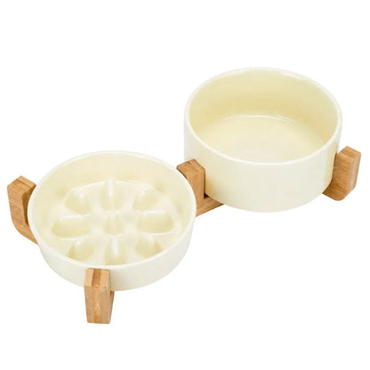 Ceramic Dog Bowls with Wooden Stand for Small To Medium Sized Dogs,
