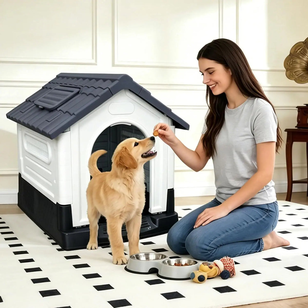 Waterproof 2-Door Dog House, Grey – Fold-Out Porch, Outdoor Use, Small & Medium Dogs, Easy Assembly