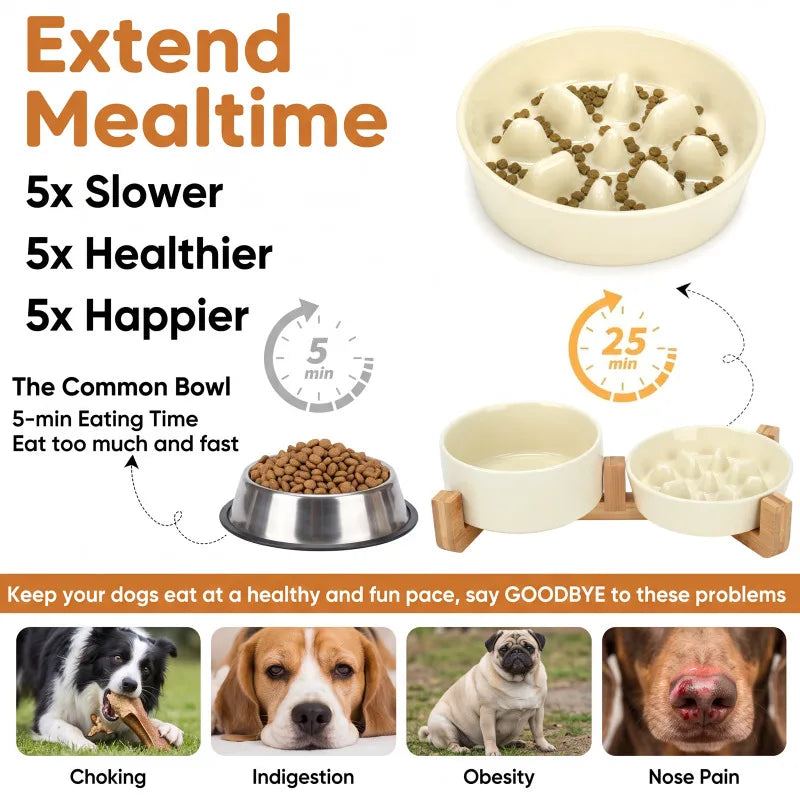 Ceramic Dog Bowls with Wooden Stand for Small To Medium Sized Dogs,