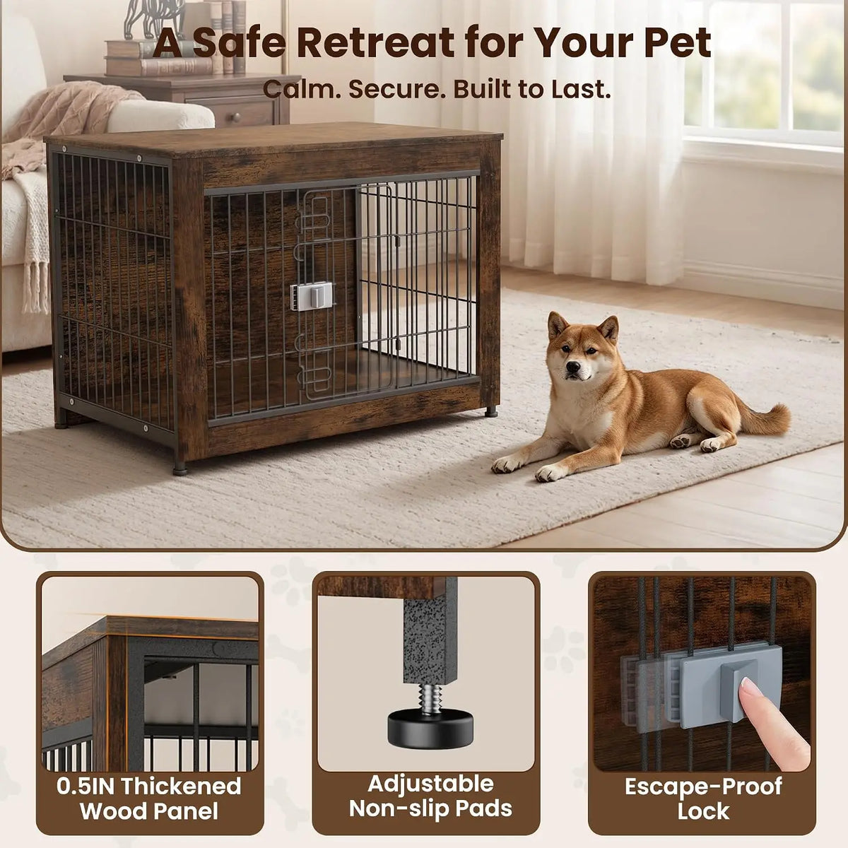 Wooden Dog Crate Furniture for Medium Dogs with High Anxiety –  Living Room or Bedroom