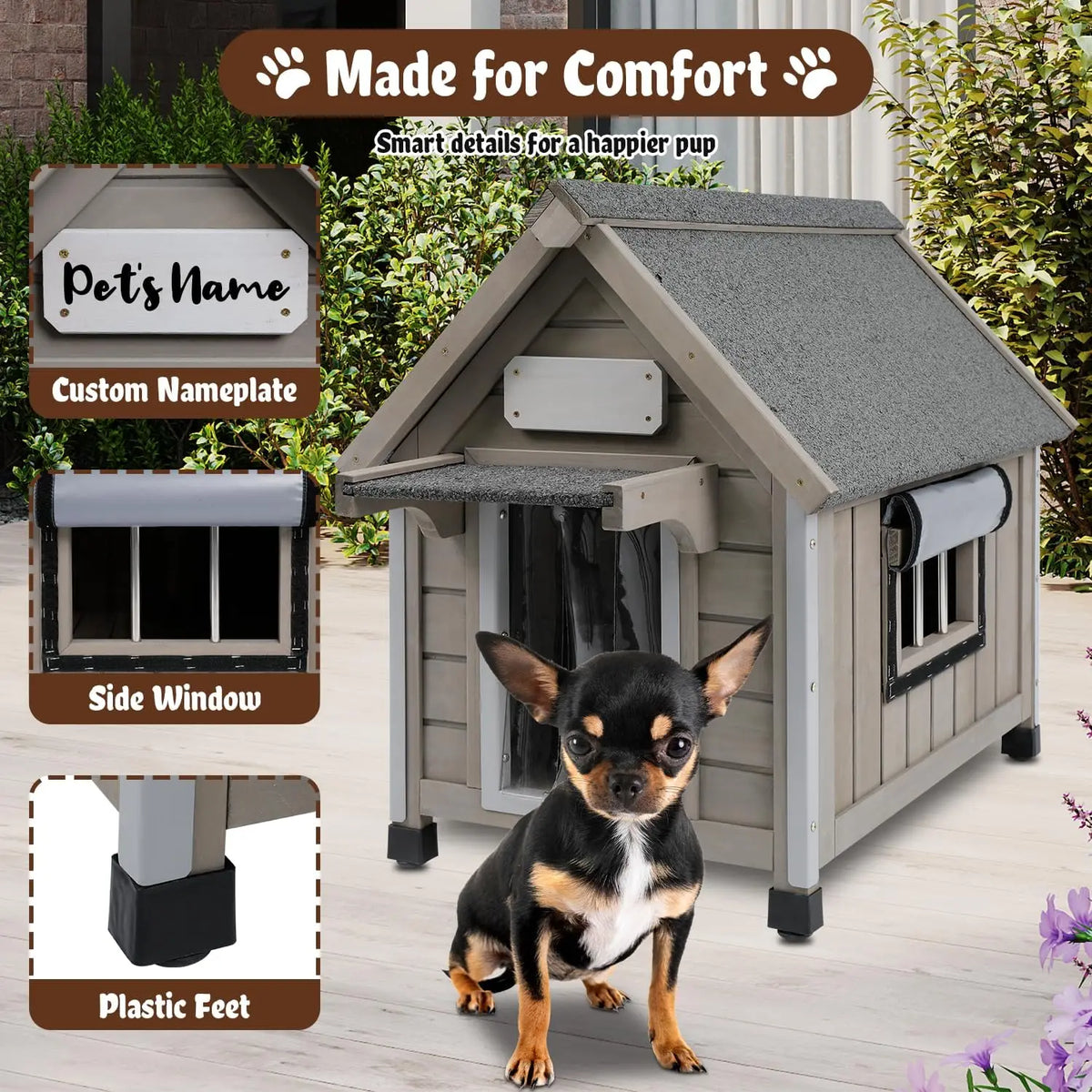 Wooden Outdoor Dog House for Small Dogs Ventilation Window, Raised Floor & Custom Nameplate