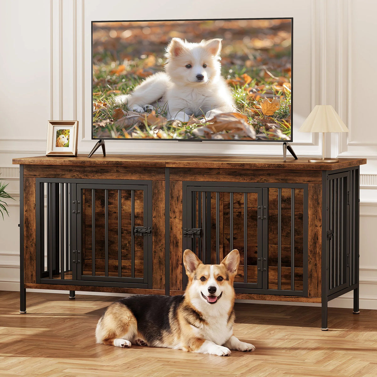 54 Inch Double Door Wooden Dog Cage with Divider  for Indoor Outdoor