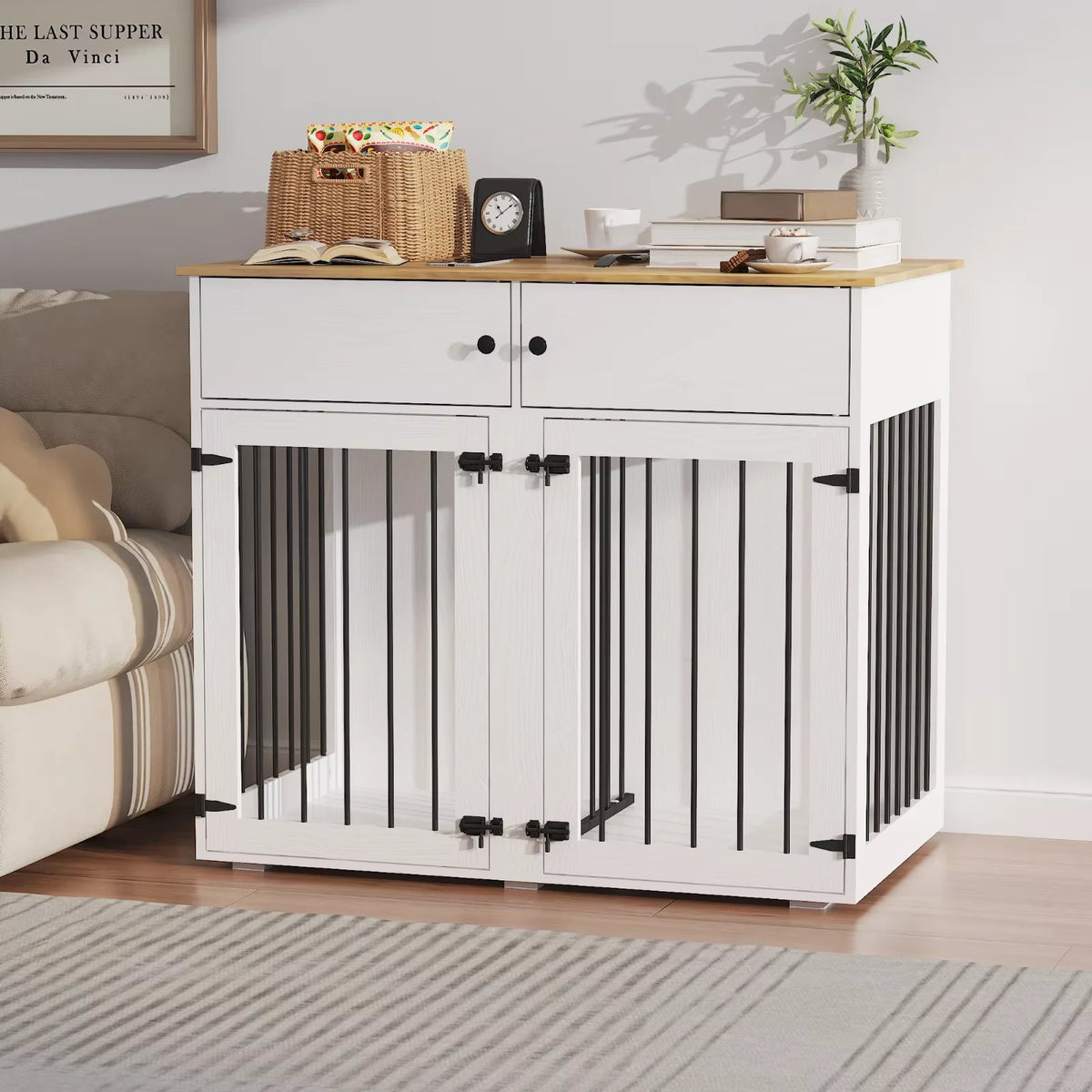 Large Indoor Dog Kennel, with Storage Drawers & Removable Divider for Medium/Large Dogs & Two Dogs,