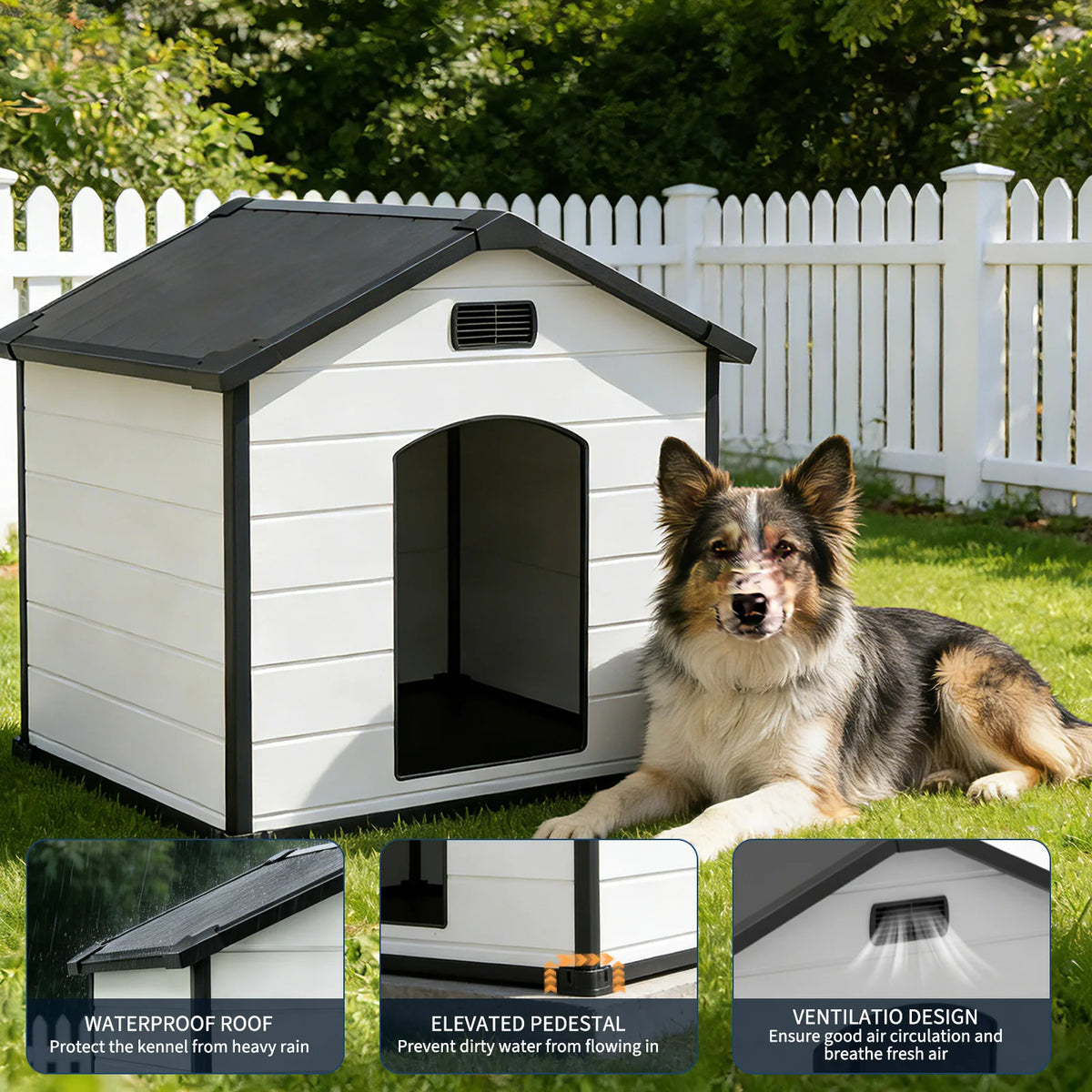 Large Waterproof Dog House for Indoor & Outdoor Use  with Removable Roof, Elevated Floor Air Vents – 57L x 47W x 50H