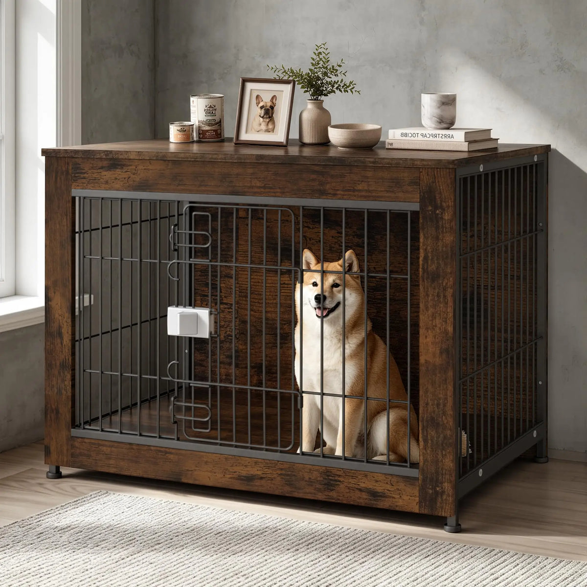 Wooden Dog Crate Furniture for Medium Dogs with High Anxiety –  Living Room or Bedroom
