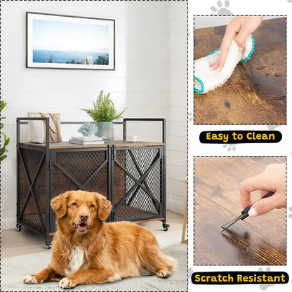 Heavy Duty Dog Kennels Metal Wooden Wheels and Double Doors  for Dog Cat Rabbit for Indoor Living Room