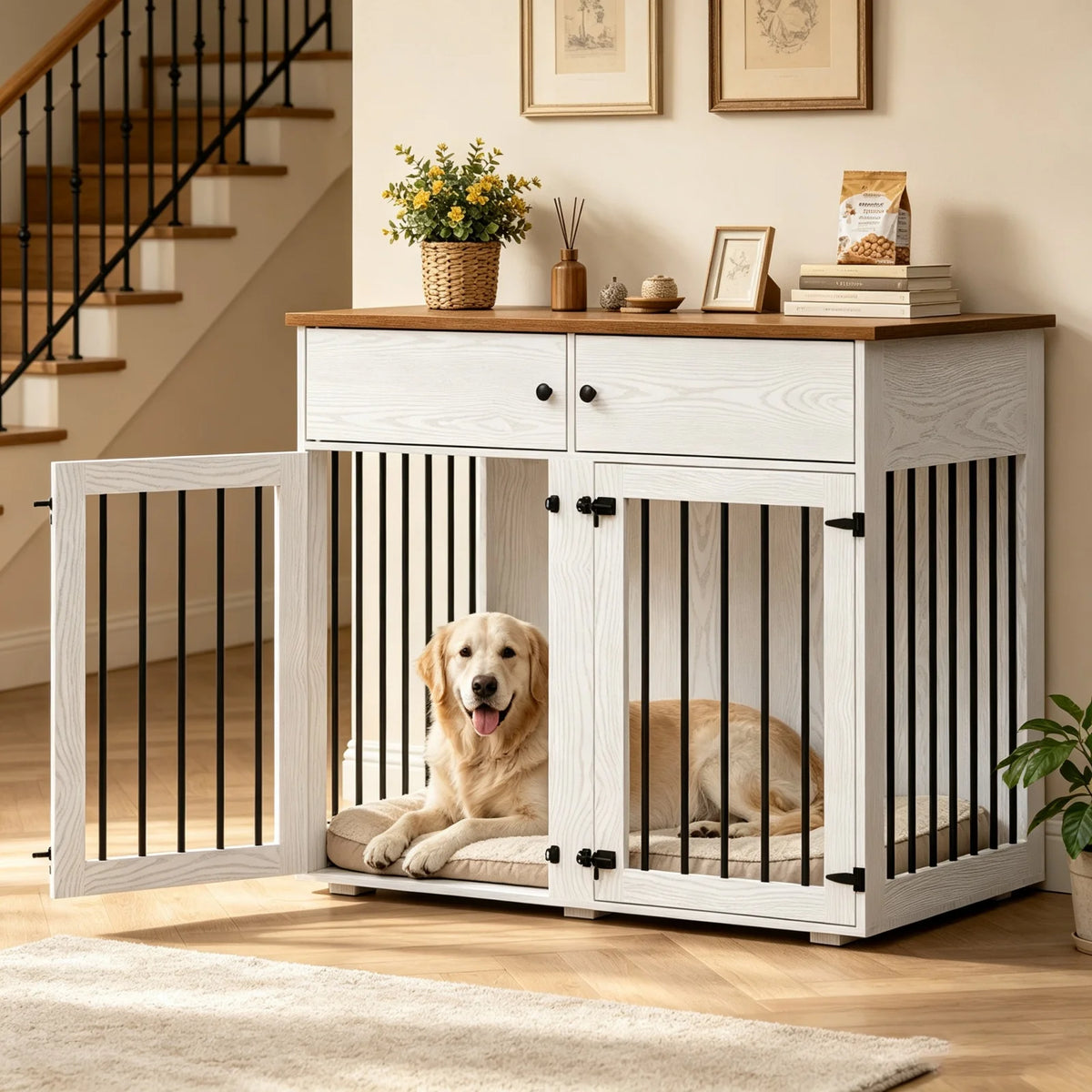 Large Indoor Dog Kennel, with Storage Drawers & Removable Divider for Medium/Large Dogs & Two Dogs,