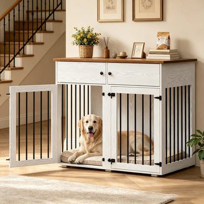 Large Indoor Dog Kennel, with Storage Drawers & Removable Divider for Medium/Large Dogs & Two Dogs,