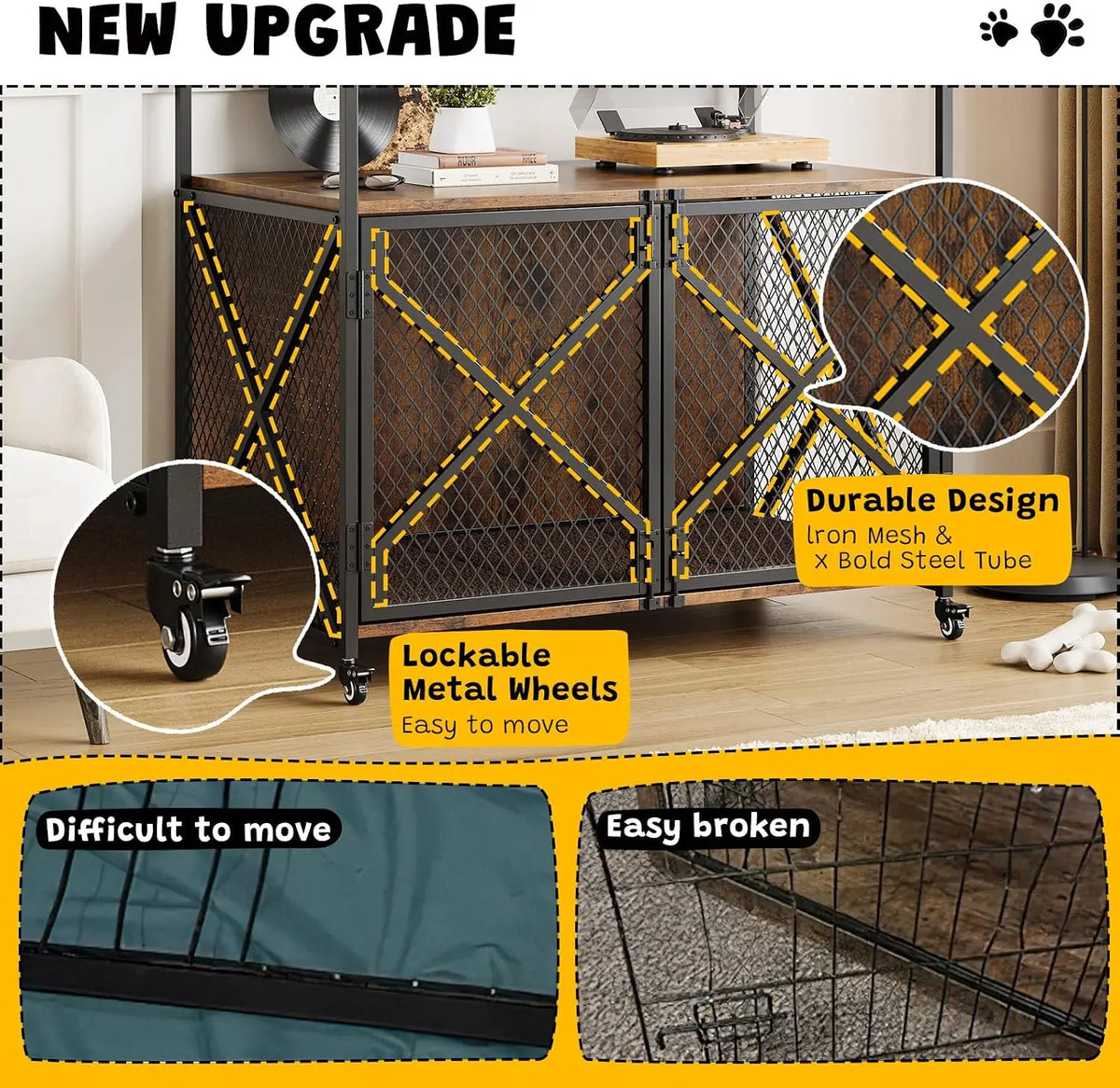 Heavy Duty Dog Kennels Metal Wooden Wheels and Double Doors  for Dog Cat Rabbit for Indoor Living Room
