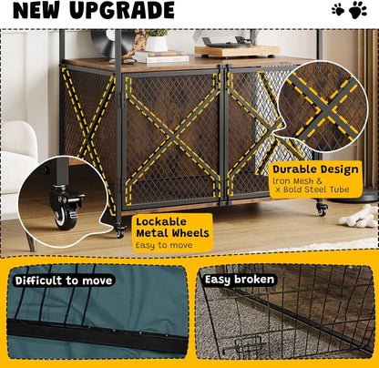 Heavy Duty Dog Kennels Metal Wooden Wheels and Double Doors  for Dog Cat Rabbit for Indoor Living Room