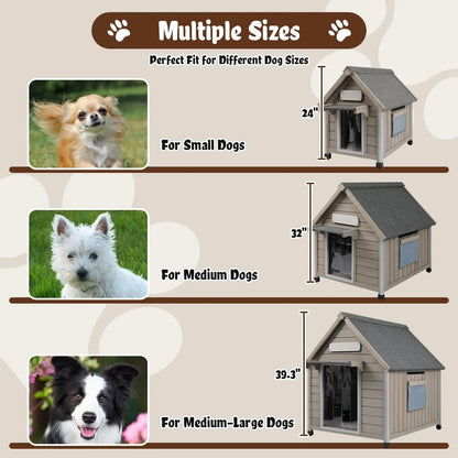Wooden Outdoor Dog House for Small Dogs Ventilation Window, Raised Floor & Custom Nameplate
