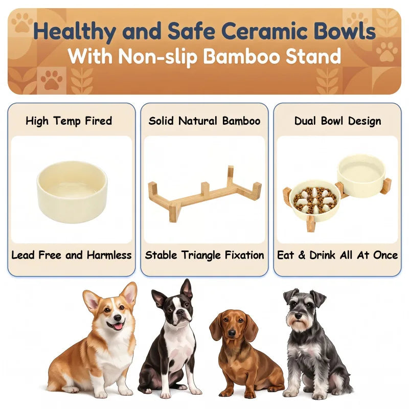Ceramic Dog Bowls with Wooden Stand for Small To Medium Sized Dogs,
