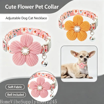 Floral Pet Collar for Small Dogs & Cats, Soft Adjustable Flower Charm and Detachable Bell,