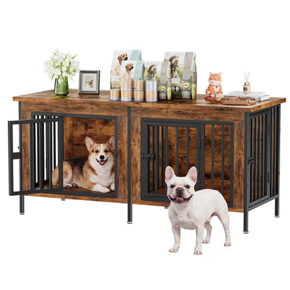 54 Inch Double Door Wooden Dog Cage with Divider  for Indoor Outdoor